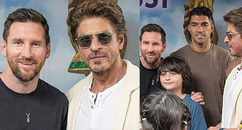 A picture of Shah Rukh Khan meeting Lionel Messi along with his son Abram in Kolkata. File Photo
