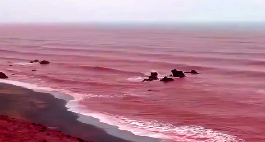 Heavy rain turns Iran’s Hormuz Island shoreline bright red