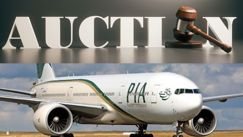 A collage of an airbus of Pakistan International Airlines (PIA) and auction word. File Photo