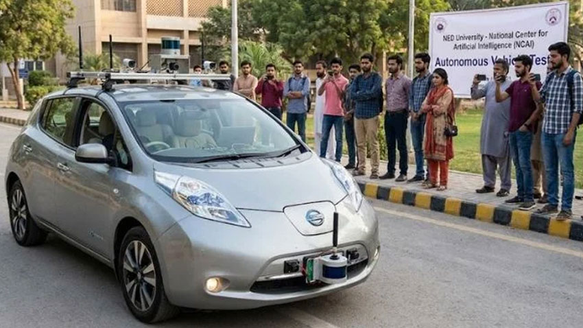 A picture of NED Karachi students testing the prototype of AI-powered driverless car. File Photo