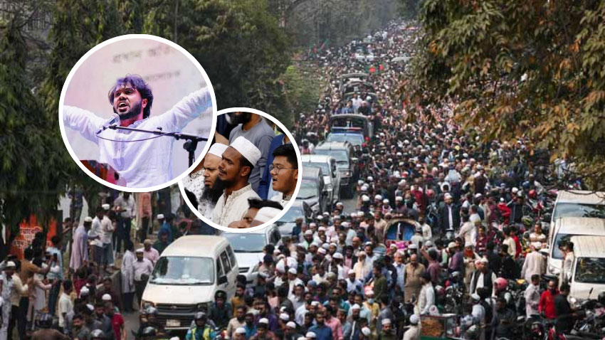Bangladeshis rally along a vehicle carrying the body of youth leader Sharif Osman Hadi, as the deceased is taken for burial in Dhaka on December 20, 2025.— AFP
