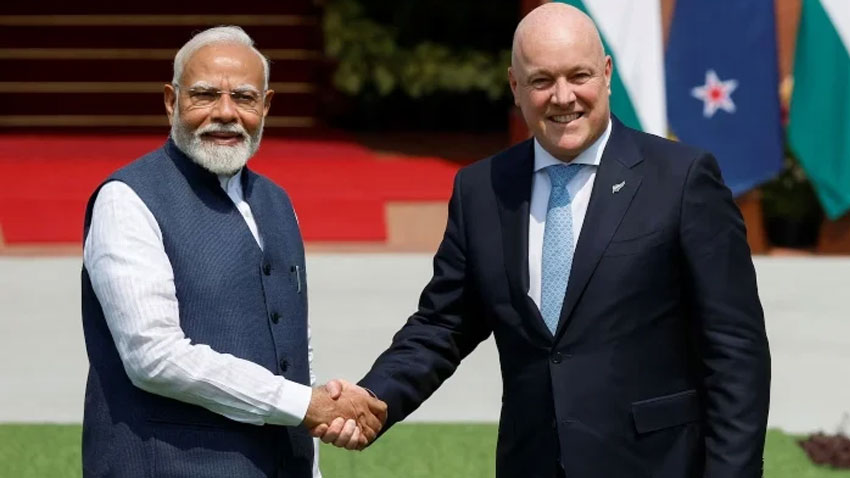 Prime Minister of New Zealand Christopher Luxon shakes hands with his Indian counterpart Narendra Modi at Hyderabad House.via Reuters