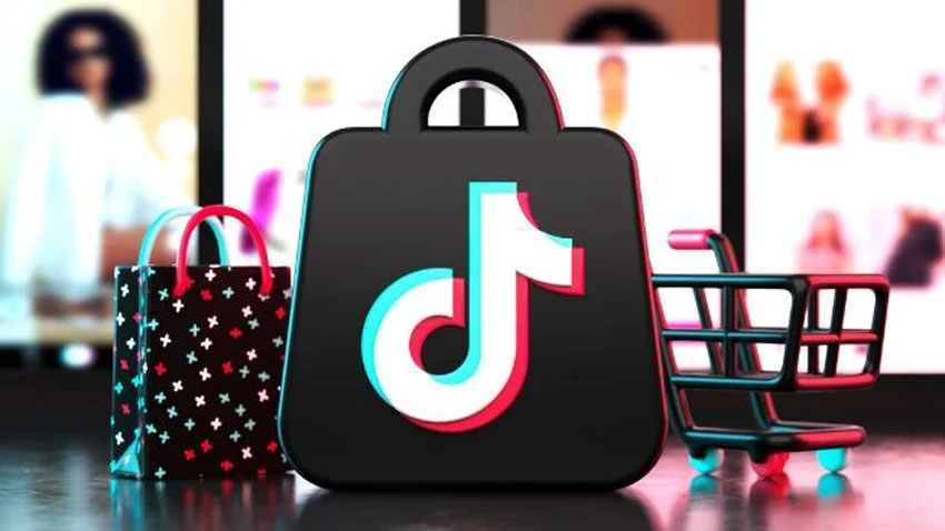 An AI generated image of Tik Tok icon on a shopping bag and a cart placing on its side. File Photo
