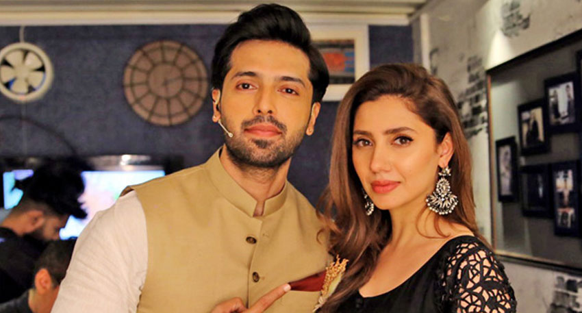 Mahira Khan and Fahad Mustafa posing for a picture