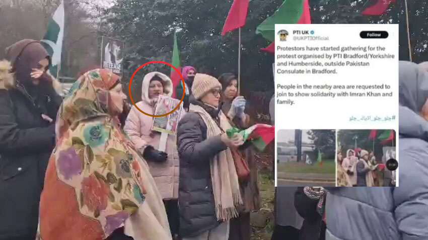 A woman outside the Pakistani consulate Bradford, UK protesting and allegedly threatening CDF Asim Munir. File Photo
