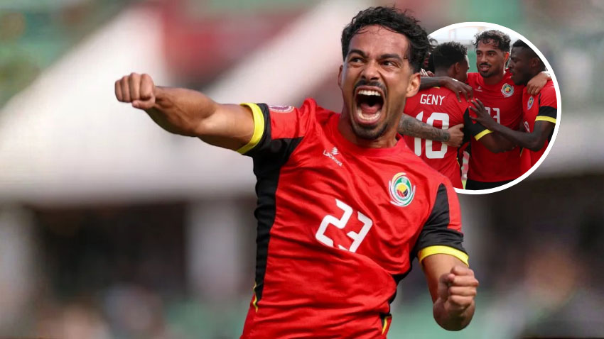 Mozambique defender Diogo Calila celebrates scoring against Gabon at the Grand Stadium in Agadir, Morocco. File Photo