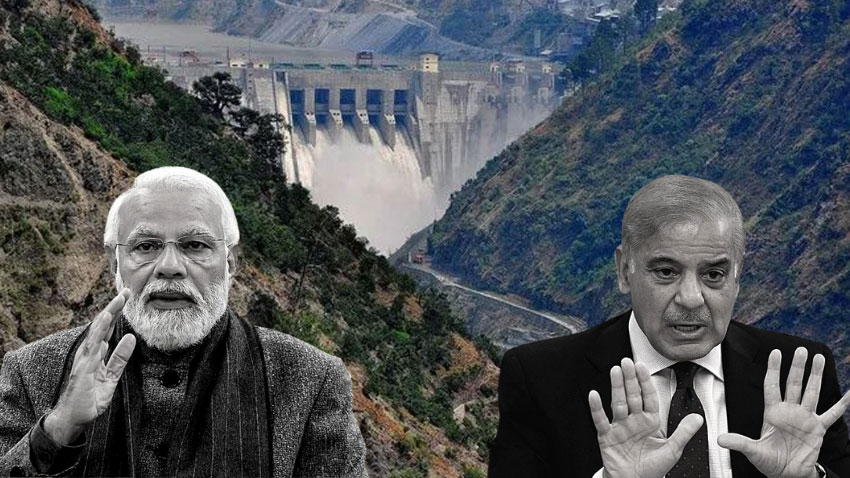 A hydeopower dam with pictures of Indian Prime Minister Narendar Modi and his counterpart Shehbaz Sharif. File Photo
