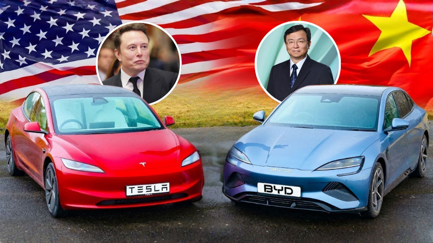 Tesla and Byd cars in a picture with pictures of their CEOs. File Photo