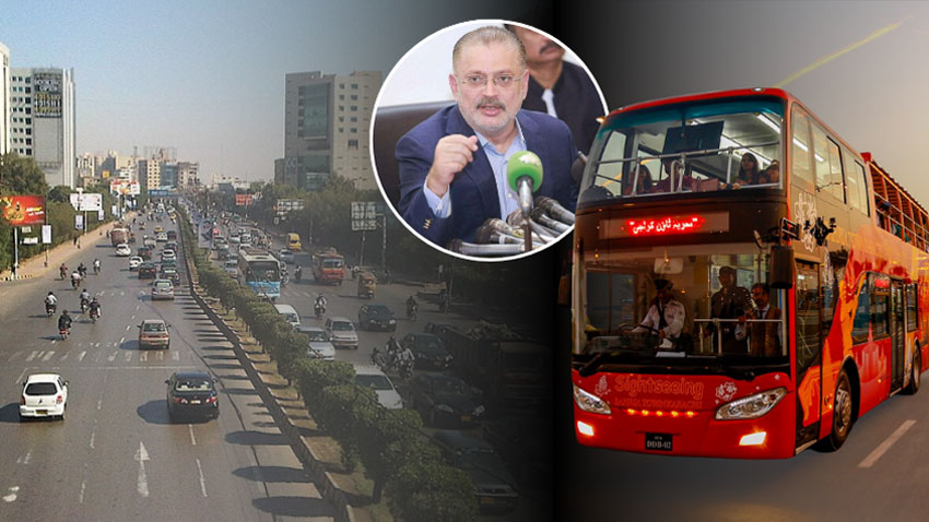 A collage of roads of Karachi with the picture of TDCP double decker bus and Sindh Minister of Transport Sharjeel Inam Memon. File Photo