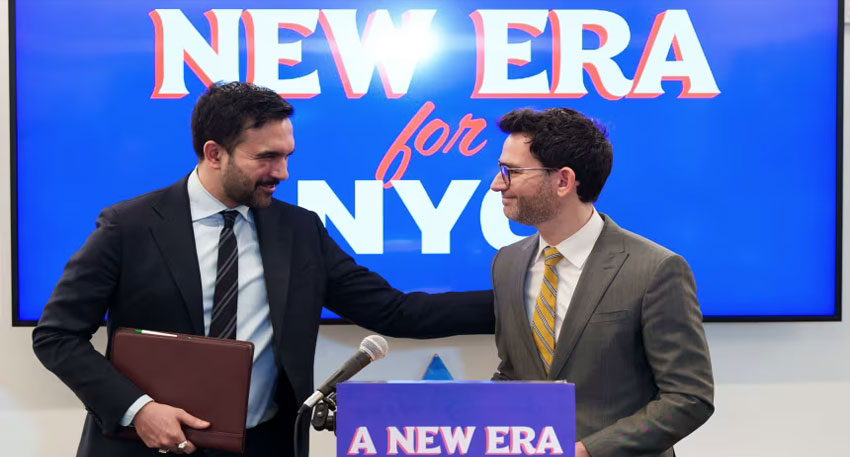 Zohran Mamdani, mayor-elect of New York, left, and Sam Levine, incoming commissioner of the New York Department of Consumer and Worker Protection, during an announcement in New York on Monday, December 22. Bloomberg