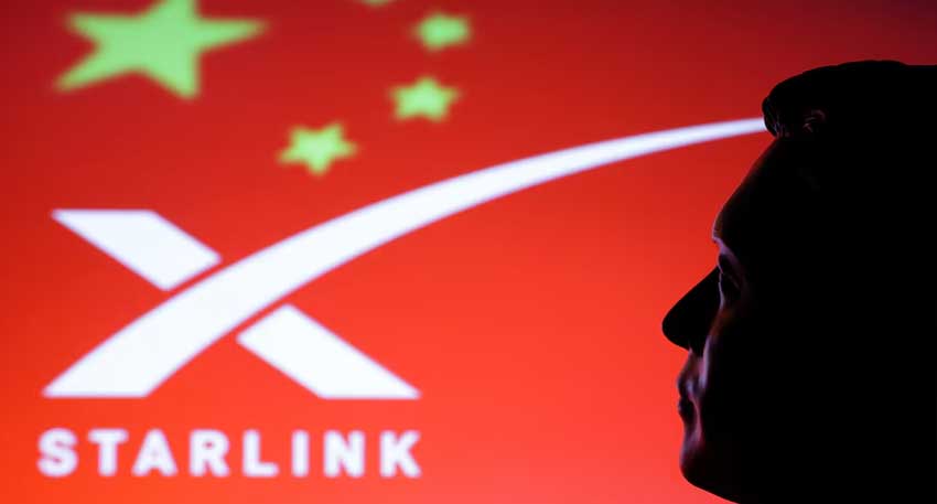 A 3D-printed miniature model of Elon Musk, a Chinese flag and the Starlink logo - REUTERS