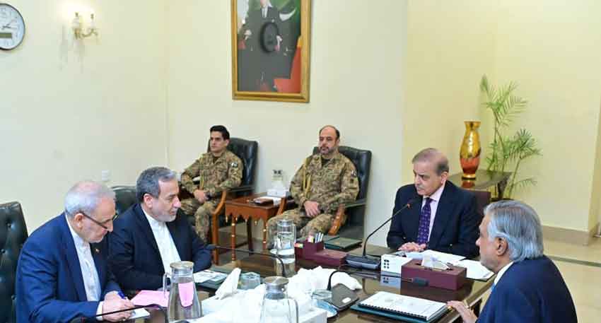 Prime Minister Shehbaz Sharif and Foreign Minister of the Islamic Republic of Iran Seyed Abbas Araghchi and others during a meeting. APP