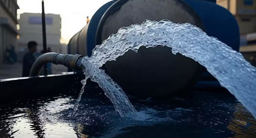 Water gushing from a pipe into a tanker