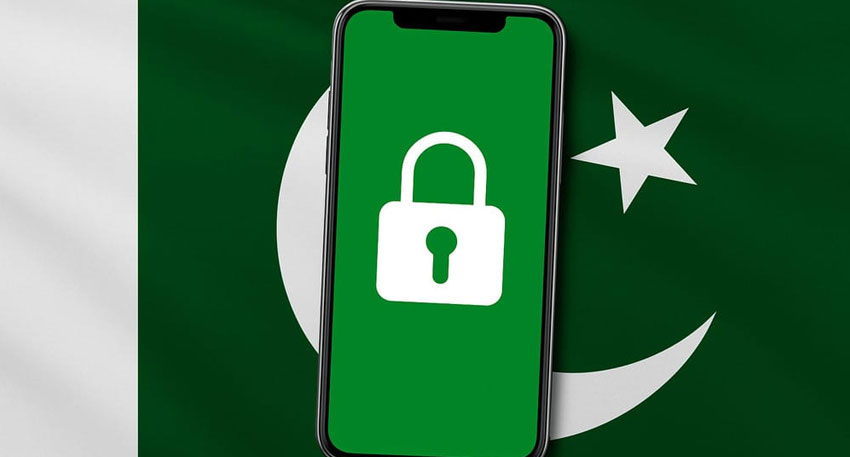 Phone with padlock against Pakistan flag background