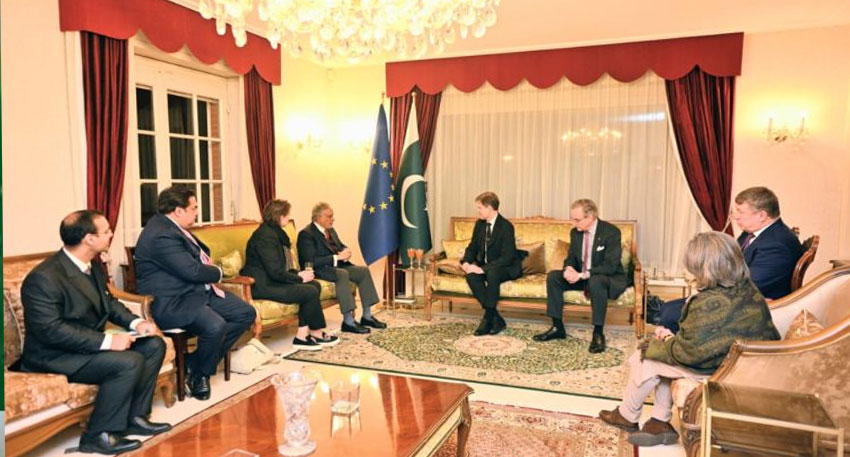 Deputy Prime Minister Ishaq Dar addressing members of the European Parliament at Pakistan House in Brussels. APP