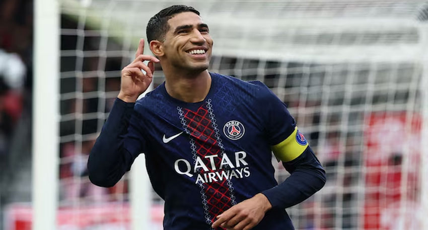 Paris St Germain's Achraf Hakimi celebrates scoring a goal. Reuters