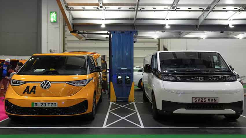 Electric cars are displayed at the Everything Electric, the Home Energy & Electric Vehicle Show, in London, Britain, April 16, 2025. Reuters
