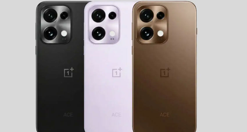 Three OnePlus 15 smartphones displayed in black, lavender, and bronze colors