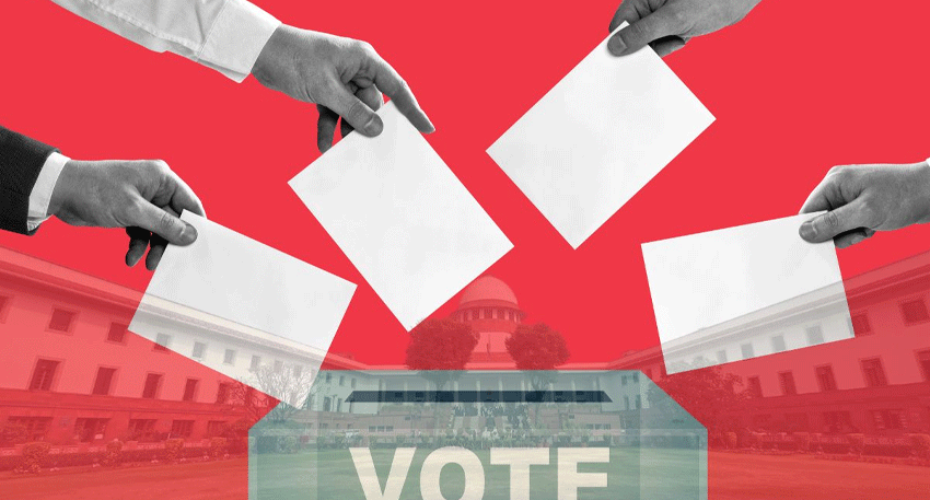 People casting votes into ballot box on red background