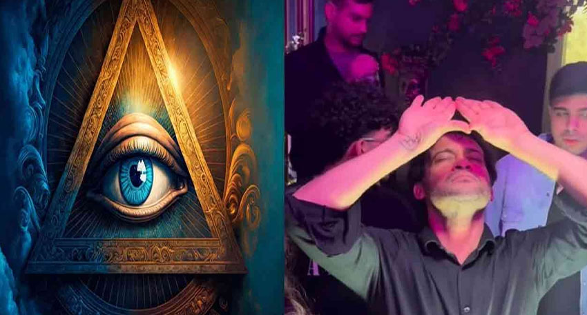 “All-Seeing Eye” symbol (left) alongside Pakistani Waqar Zaka making a similar triangular hand gesture (right)
