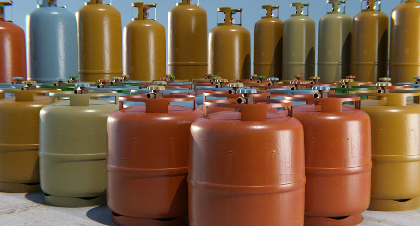 LPG cylinders stacked at a storage facility amid supply concerns.