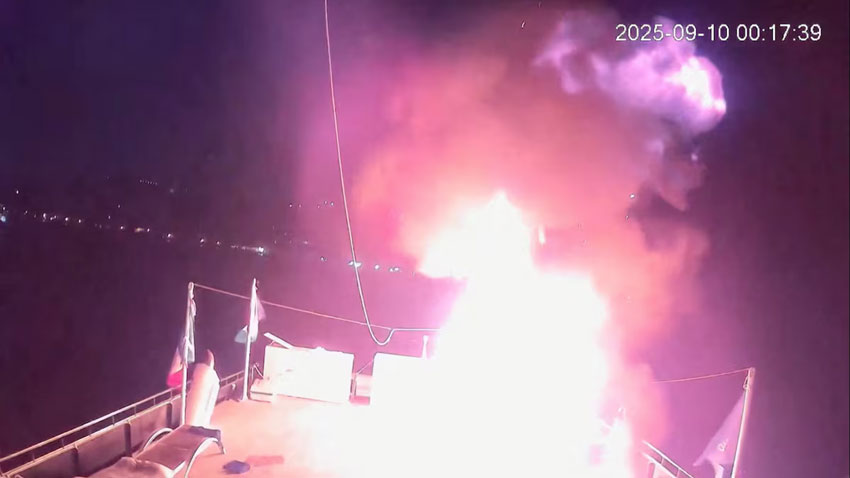 A CCTV footage shows a fire that struck Alma, a vessel of the Global Sumud Flotilla (GSF), in the Tunisian waters off the coast of Tunisia, September 9, 2025, in this screengrab obtained from a handout video. Reuters 