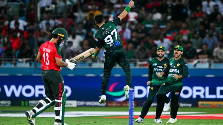Haris Rauf leapt high after getting Saif Hassan. AFP