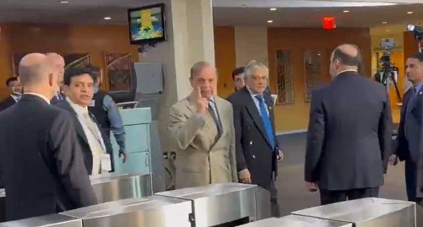 Prime Minister Shehbaz Sharif responds to Indian journalists at United Nations headquarters in New York City, US, September 26, 2025. Screengrab 