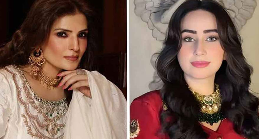 Side-by-side of Pakistani actresses Resham in white and Deedar in red, both wearing traditional jewelry.