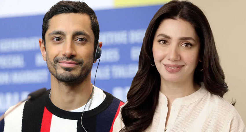 Riz Ahmed and Mahira Khan side-by-side in a professional studio setting.