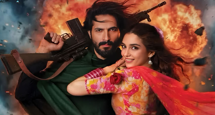 Bilal Ashraf holding a rifle while standing next to Maya Ali against an explosive background.