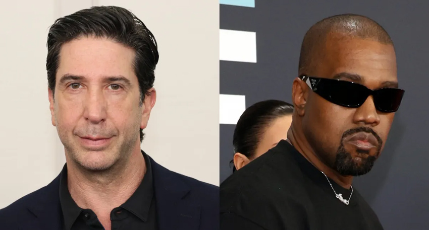 Split photo of David Schwimmer looking forward and Kanye West in sunglasses looking to the side.