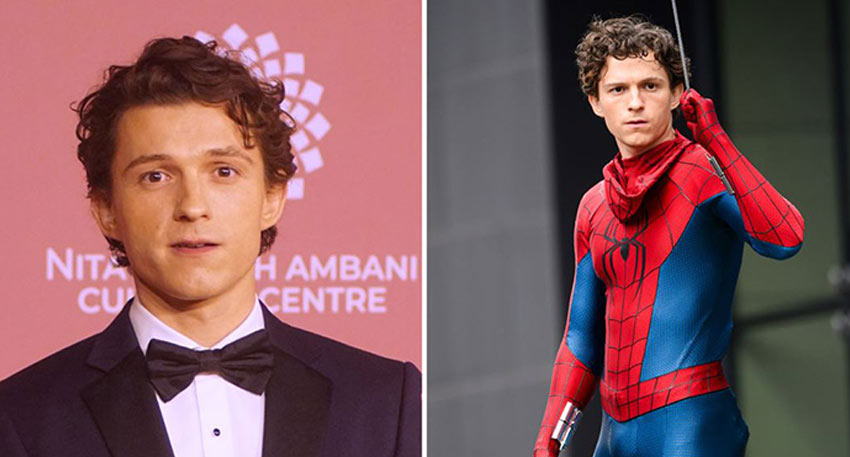 Split image of Tom Holland in a tuxedo and as Spider-Man.