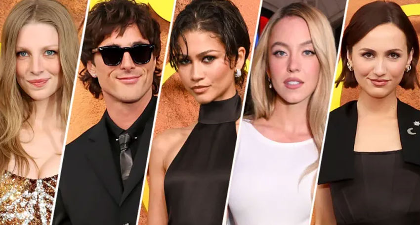 Cast of Euphoria posing in five vertical panels.