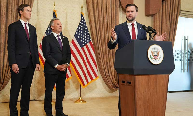 US Vice President JD Vance speaks during a news conference after meeting with representatives from Pakistan and Iran