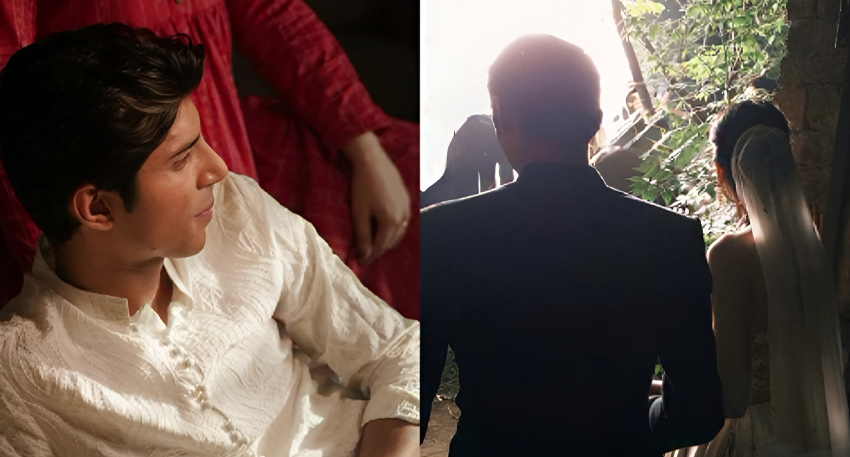 Side-by-side: Singer Havi in a white shirt looks away; a man and a bride in a veil look toward a sunlit background.