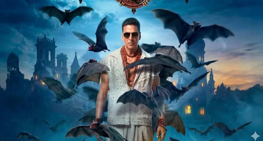 Movie poster for Bhooth Bangla featuring Akshay Kumar surrounded by flying bats against a haunted mansion backdrop.