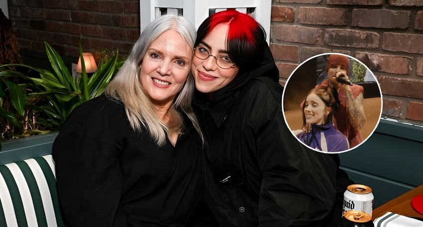 Billie Eilish and her mother Maggie Baird smile together; inset shows Billie with Justin Bieber at Coachella.