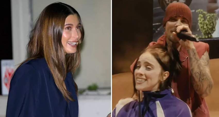 Hailey Bieber smiling at left; Billie Eilish on stage with Justin Bieber singing to her at right.