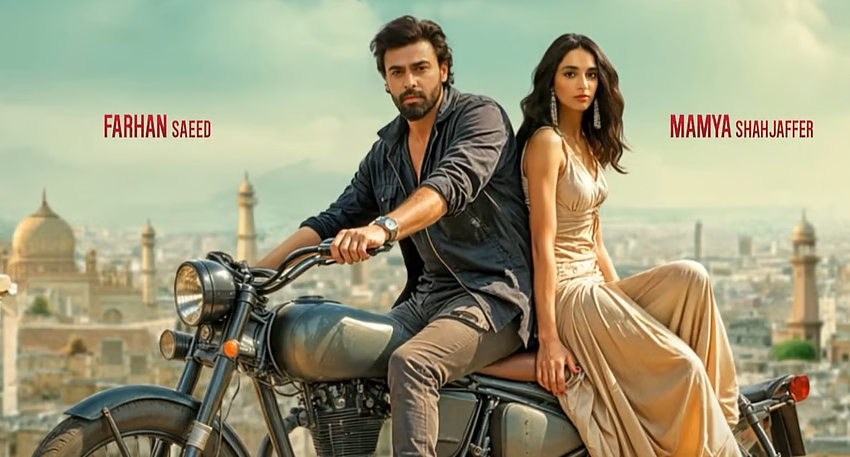 Farhan Saeed and Mamya Shajaffar posing on a vintage motorcycle against a scenic city backdrop.