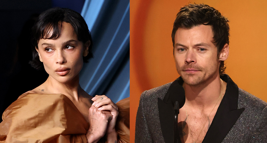 Side-by-side portraits of Zoë Kravitz in a gold dress and Harry Styles in a grey blazer.