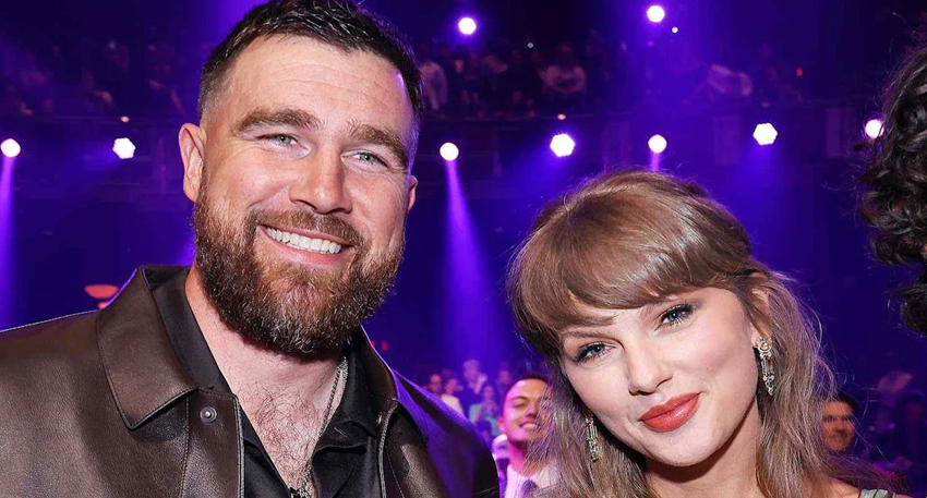 Taylor Swift and Travis Kelce smiling together at the 2024 Mahomes Charity Gala in Las Vegas.