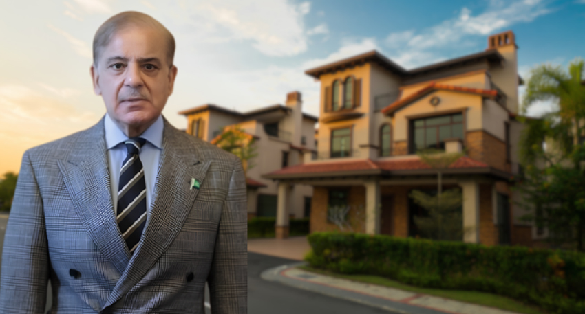 Shehbaz Sharif in front of a modern house for the 