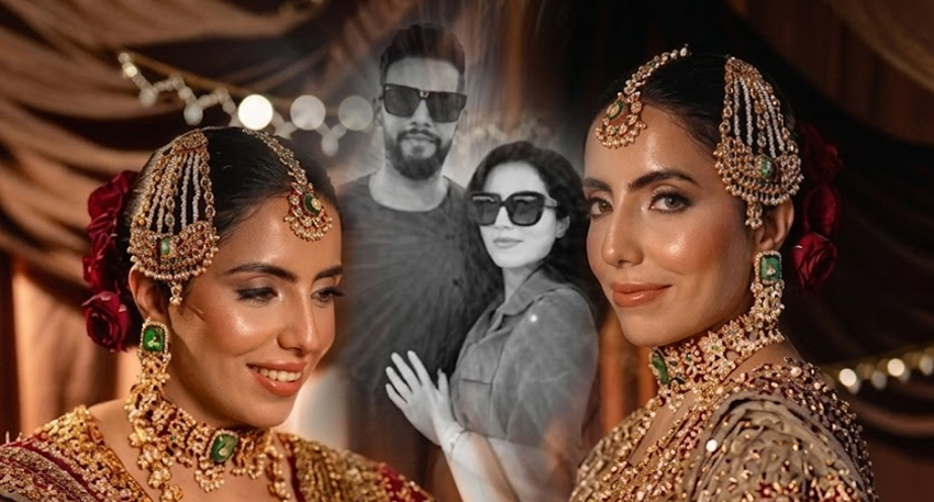 Split-screen showing Sannia Ashfaq in bridal wear alongside a faded photo with Imad Wasim.