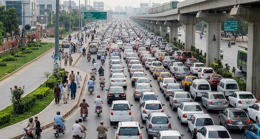 Heavy traffic gridlock on a multi-lane highway in Lahore next to a metro track.
