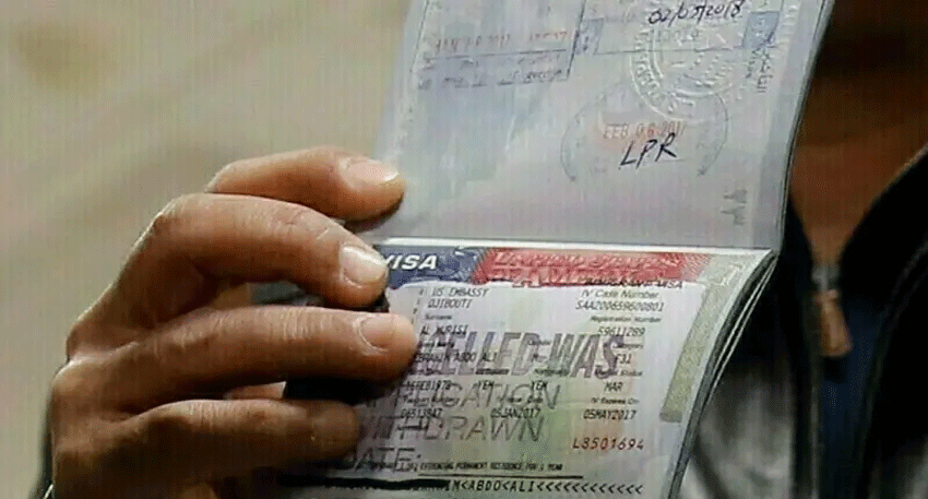 US visa application documents with American flag representing the new visa bond programme.