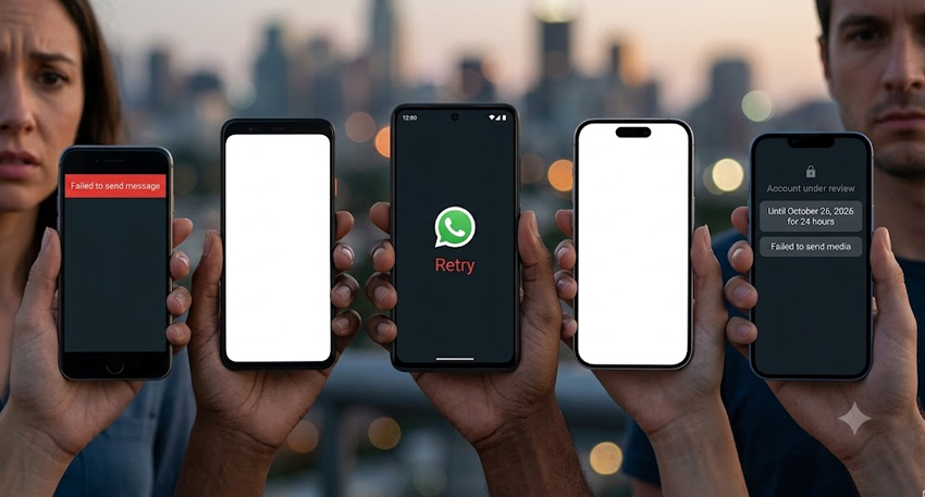 Hands holding phones showing WhatsApp error messages like 
