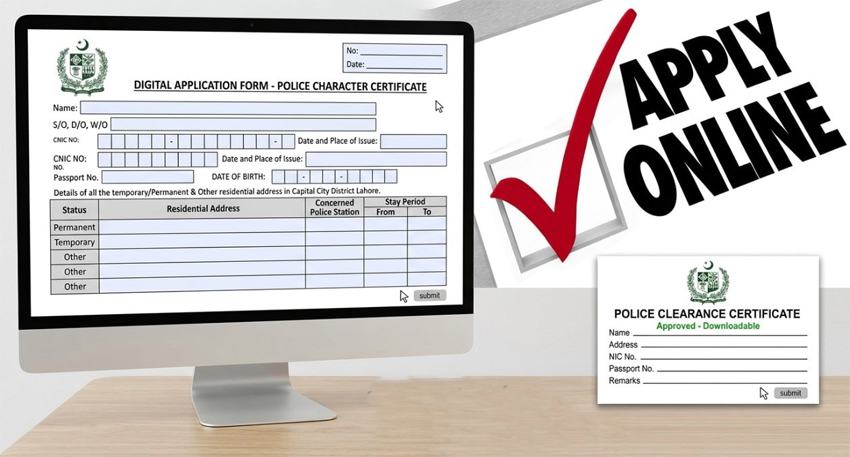 Computer screen showing a digital form for a Pakistan police character certificate with 