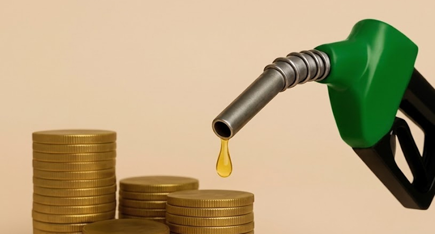 Green fuel nozzle dripping fluid next to stacked coins.