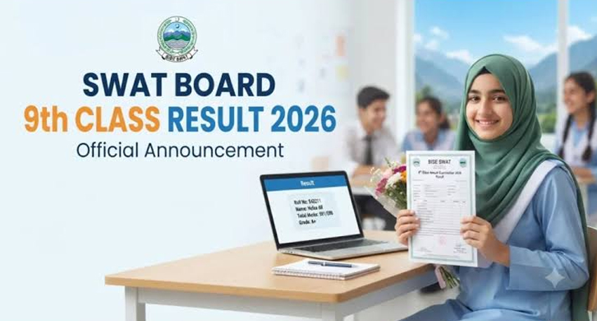 BISE Swat 9th class result 2026 announcement graphic showing a student with her report card.